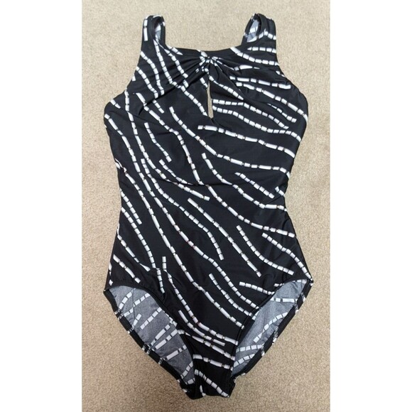 Wmn's MIRACLESUIT One-Piece Keyhole Front Black/White/Gold Metallic Swimsuit 10 - Picture 2 of 9